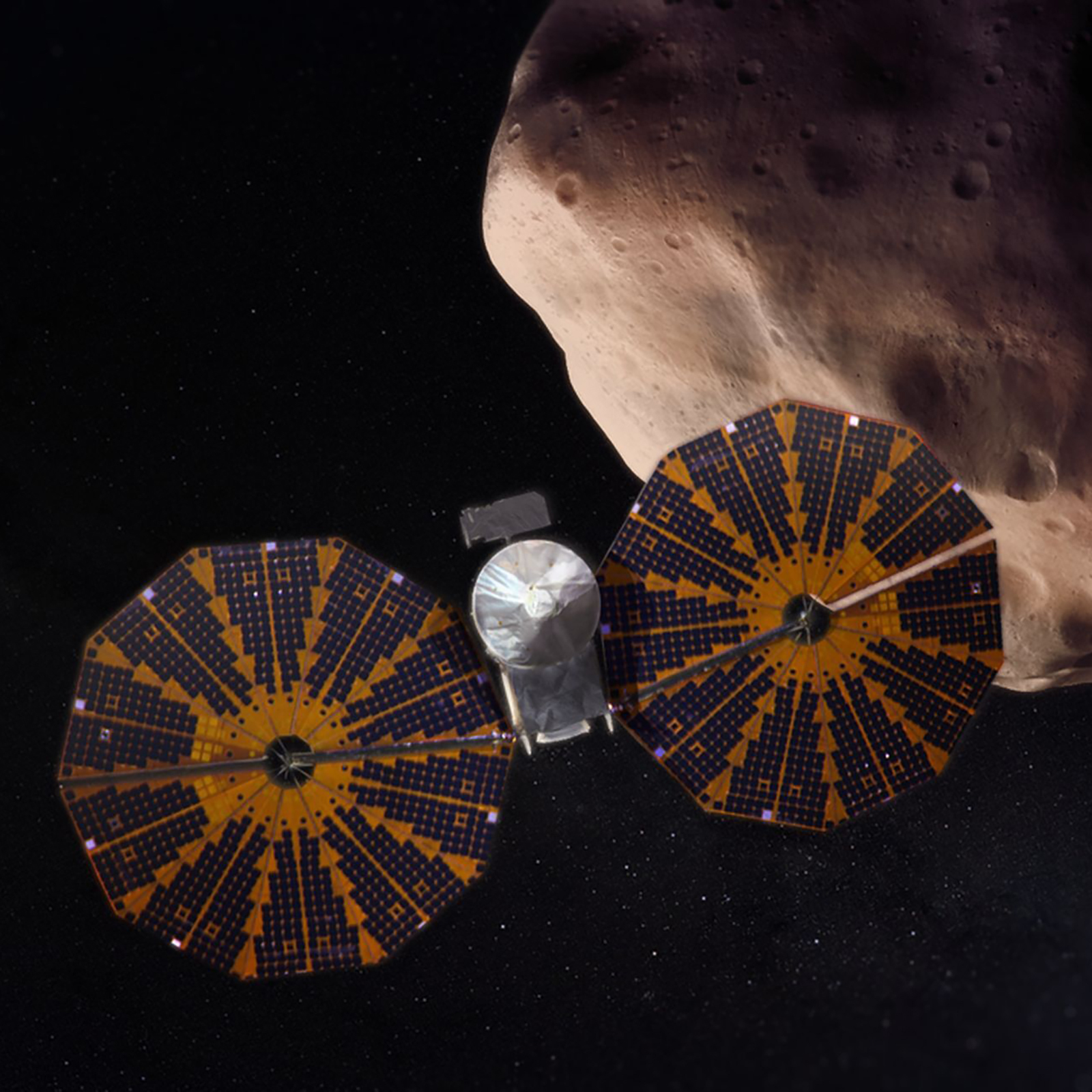 An artist's depiction of NASA's Lucy spacecraft with asteroids in the background.