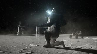 an illustration of an astronaut on the moon holding lunar dust