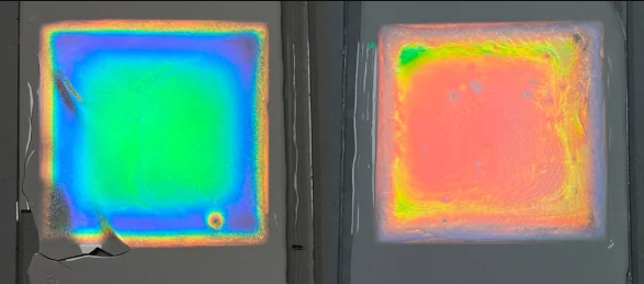 two squares of film. one is green and blue. the other is red and orange.