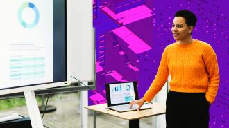 a woman giving a slide presentation. There is an abstract background behind her