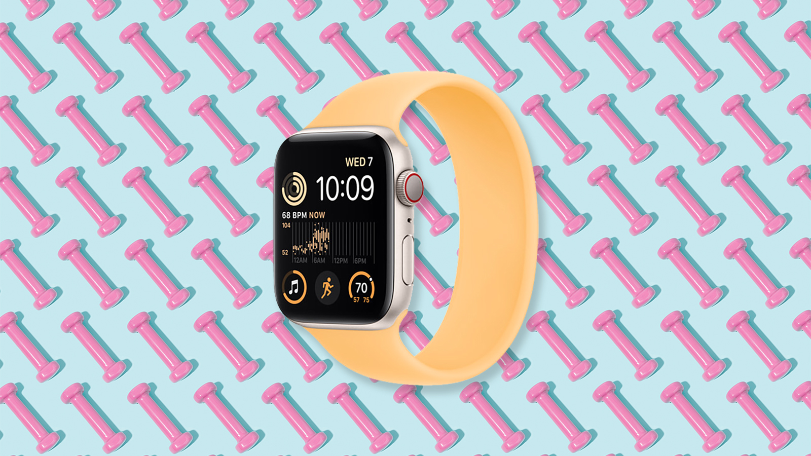 an iwatch with a yellow band on a pattern of pink dumbbells