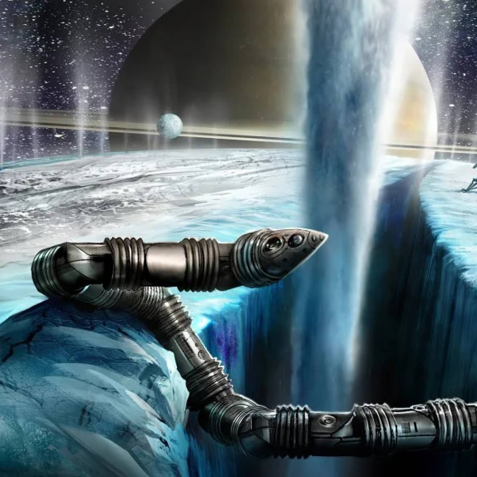 an illustration of a snake robot on an icy moon with geysers shooting up in the background