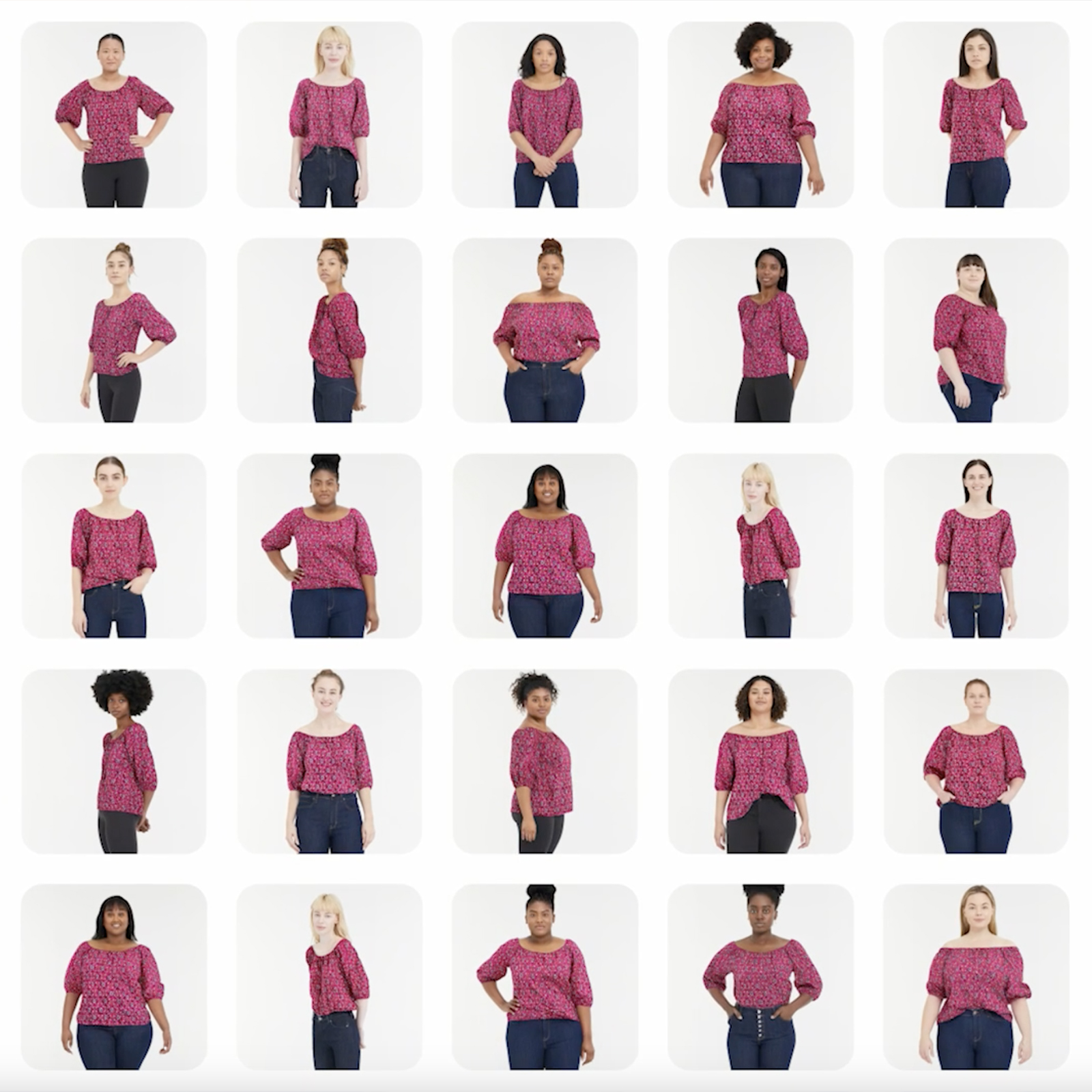 a grid of models of various shapes and size wearing the same shirt